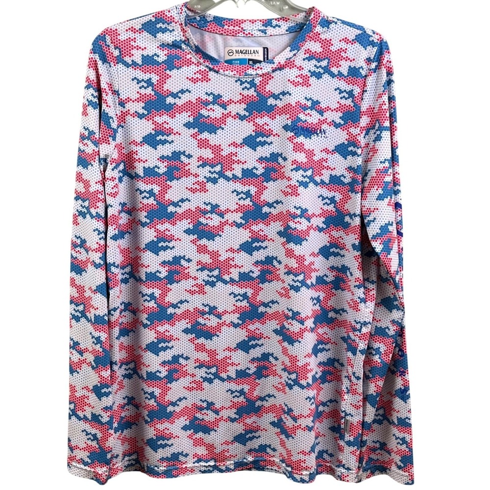 Magellan Red White Blue Abstract Camo Performance Pull Over Fishing‎ Shirt XL